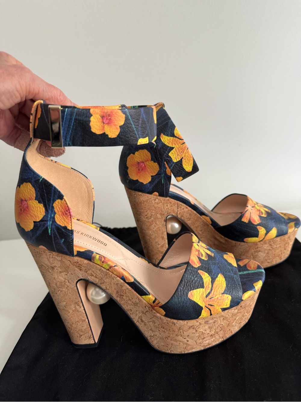 Floral Cork Platform Sandals with Ankle Strap - Yellow Floral